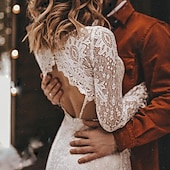 preiswerte lässige Brautkleider-Strandhochzeit Strand Offene Rückseite Boho Hochzeitskleider A-Linie V-Neck Lange Ärmel Gerichtszug Spitze Brautkleider mit einfarbig