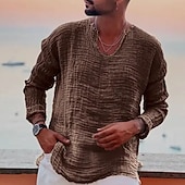 abordables Vacances-Homme Chemise Lin Chemisette Chemise d&#039;été Tenues de plage Chemise décontractée Plein Vacances Curise Blanche Bleu Marron Kaki manche longue Col V Printemps été Vêtement Tenue