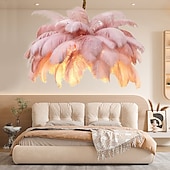 abordables Luces de isla-Lámpara colgante de luz led, hermosa lámpara colgante de ramo de plumas de avestruz blanco extra grande, accesorio de iluminación montado romántico para el dormitorio del restaurante