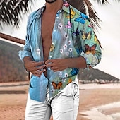 billiga Fåglar &amp; Djur-Herr Fjäril Skjorta Hawaii skjorta Aloha skjorta Långärmad Skjorta Nedvikt Mode Streetwear Designer Utomhus Gata Ledigt Vit Gul Grön S M L