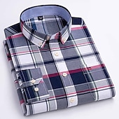 cheap Men&#039;s Oxford Shirts-Men&#039;s Dress Shirt Button Down Shirt Non Iron Shirt Oxford Shirt Stripes and Plaid Wedding Vacation grey blue Red Blue Brown Long Sleeve Turndown All Seasons Clothing Apparel Button-Down
