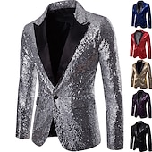 billiga Herrars klassiska kavajer-Herr Kavaj Prestanda Cocktailfest Punkmode Vår Höst Paljett Ensfärgat Ficka Skinande Enkelknäppt med Ett Knapphål Blazer Silver Svart Rubinrött Blå