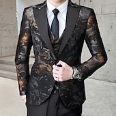 cheap Homecoming Suits-Men&#039;s Wedding Tuxedos Black Red Printing Standard Fit 3 Piece Single Breasted One-button