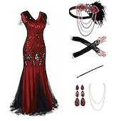 baratos Vestidos dos anos 1920-Conjunto Loucos anos 20 Anos 20 Até o Tornozelo Vestidos Vestido de Festa Roupa com acessórios Mangas curtas O Grande Gatsby Tamanhos Grandes Convidado do casamento Franjas Franjas Decote V Fantasia