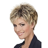 baratos peruca mais velha-perucas curtas castanhas escuras loiras mistas com mechas curtas com franja perucas sintéticas em camadas para mulheres perucas naturais de reposição de cabelo