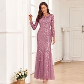 abordables Mariage Décontracté / de Jour-Robe du soir sirène élégante en sequins invitée de mariage bal longueur maxi à manches longues col bijou en tulle avec broderies pour impressionner