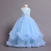 preiswerte Partykleider-Kinder Mädchen Kleid Blume ärmellos Performance Party Spitze süßes Polyester knielanges Tüllkleid Sommer Frühling Herbst 4–13 Jahre blau