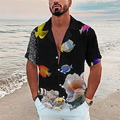 billige Ocean Print-Herre Landskap Tropisk Fisk Skjorte Hawaii skjorte Camp skjorte Kortermet Skjorte Aftæpning Mote Hawaiisk Designer utendørs Gate Avslappet Svart Navyblå Marineblå 3D-utskrift S M L