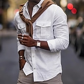 cheap Street-Men&#039;s Shirt Cotton Linen Shirt White Cotton Shirt Summer Shirt Beach Shirt Plain Hawaiian Holiday Black White Blue Khaki Long Sleeve Lapel Spring &amp; Summer Clothing Apparel Pocket