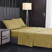 abordables Sábanas y funda de almohada-Juego de sábanas de 4 piezas, sábanas egipcias de lujo para hotel de microfibra súper suave, bolsillo profundo de 14/18 pulgadas, sin arrugas