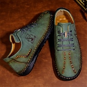 abordables Baskets-chaussures décontractées à lacets en similicuir vert pour hommes – coutures artisanales, coupe confortable et style vintage pour un usage quotidien