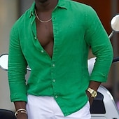 cheap Street-Men&#039;s Shirt Linen Shirt Summer Shirt Beach Wear Button Up Shirt Plain Hawaiian Holiday White Pink Blue Green Long Sleeve Lapel Spring &amp; Summer Clothing Apparel Basic