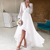 cheap Casual Wedding Dresses-Beach Wedding Bridal Shower Little White Dress Bridal Shower Dresses Casual Wedding Dresses A-Line V Neck Long Sleeve Asymmetrical Chiffon Bridal Gowns With Solid Color 2025
