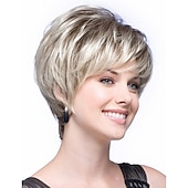 baratos peruca mais velha-perucas curtas castanhas escuras loiras mistas com mechas curtas com franja perucas sintéticas em camadas para mulheres perucas naturais de reposição de cabelo