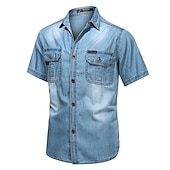 preiswerte Jeanshemden für Herren-Herren Hemd Chambray-Hemd Sommerhemd Jeanshemd Knopfhemd Dunkelgray Leicht Blau Kurzarm Einfach Umlegekragen Lässig Täglich Button-Down Bekleidung Baumwolle Denim Mode Streetwear Klassisch