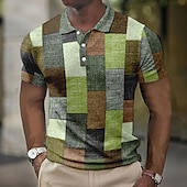 cheap Men&#039;s Color Block Polo-Men&#039;s Plaid Waffle Polo Shirts Golf Shirt Short Sleeve Polo Shirts Collared Shirts Vintage Casual Vacation Wear Formal Wear Festival Wear Buttons 3D Print Light Yellow Crystal / Orange Yellow