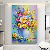 お買い得  花/植物画-ハング塗装油絵 手描きの 縦式 抽象画 花柄 / 植物の 近代の 内枠を含めます