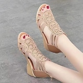 voordelige Sleehaksandalen-Dames Sandalen Sandalen met sleehak Romeinse schoenen Glitter Sandalen Buiten Dagelijks Strand Effen Kleur Zomer Sleehak Open teen Elegant Klassiek Casual Imitatieleer Rits Zwart Lichtbruin