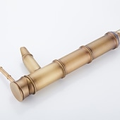 tanie Klasyczne-vintage łazienka bateria zlewozmywakowa kształt bambusa, monoblokowe baterie umywalkowe w stylu retro, antyczny mosiądz pojedynczy uchwyt jeden otwór montowany na pokładzie z wężem ciepłej i zimnej wody