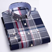 cheap Men&#039;s Oxford Shirts-Men&#039;s Dress Shirt Button Down Shirt Non Iron Shirt Oxford Shirt Stripes and Plaid Wedding Vacation grey blue Red Blue Brown Long Sleeve Turndown All Seasons Clothing Apparel Button-Down