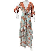 abordables Robes de vacances-Robe balançoire femme boho robe longue robe maxi robe bleu jaune vert clair floral à lacets manches lanterne printemps été robe profonde v ourlet irrégulier week-end coupe ample 2023 s m l xl xxl