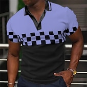 abordables Polo géométrique pour homme-Homme Plaid Polo Chemise de golf Manche Courte Polos Col en V Occasionnel Vêtements de vacances Tenue formelle Vêtements de festival Impression 3D Noir Jaune Bleu