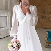 cheap Casual Wedding Dresses-Beach Wedding Bridal Shower Little White Dress Bridal Shower Dresses Casual Wedding Dresses A-Line V Neck Long Sleeve Asymmetrical Chiffon Bridal Gowns With Solid Color 2025