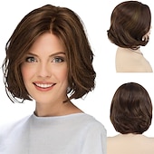 voordelige oudere pruik-dames korte pruiken synthetisch haar mix bruin kapsel krullende pruiken bob mama pruik natuurlijke highlight pruiken met pony aan de zijkant