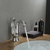 baratos Clássico-torneira misturadora de pia de banheiro vintage forma de cisne de latão, torneiras de lavatório monobloco alça única um furo montado no convés, mono torneira de vaso de água quente e fria mangueira retrô antigo