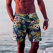 cheap Tropical Plants &amp; Flowers-Men&#039;s Skull Graphic Prints Flower / Floral Swim Trunks Swim Shorts Board Shorts Mid Waist Hawaiian Boho Casual Daily Holiday Drawstring with Mesh lining Elastic Waist Designer Clothing Apparel