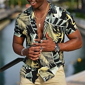 cheap Tropical Plants-Men&#039;s Leaves Tropical Plants Shirt Summer Hawaiian Shirt Aloha Shirt Short Sleeve Shirt Cuban Collar Sports Fashion Streetwear Outdoor Casual Hawaiian Black Yellow Red S M L