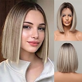 economico parrucca più vecchia-parrucche marroni per donna parrucca diritta in pizzo sintetico lunghezza spalla caschetto con riga laterale con capelli del bambino