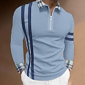 cheap Vacation-Men&#039;s Polo Shirt Golf Shirt Outdoor Work Standing Collar Long Sleeve Sports Fashion Plaid / Check Patchwork Braided All Seasons Slim White Blue Polo Shirt