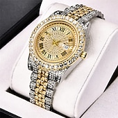 cheap Quartz Watches-Men&#039;s Quartz Watch with Chain Bracelet Set Fashion Luxury Bling Diamond Hiphop Analog Men Quartz Wristwatch Calendar Waterproof Men&#039;s Watch