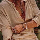 voordelige Vakantie-Voor heren linnen overhemd Viking-stijl Zomer overhemd Strand Kleding Normaal shirt Effen Vakantie Curise Wit Groen Lange mouw V-hals Lente zomer Kleding