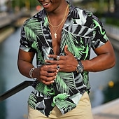 cheap Tropical Plants-Men&#039;s Leaves Tropical Plants Shirt Summer Hawaiian Shirt Aloha Shirt Short Sleeve Shirt Cuban Collar Sports Fashion Streetwear Outdoor Casual Hawaiian Black Yellow Red S M L