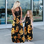 cheap Casual Dresses-Mommy and Me Dresses Tie Dye Sunflower Casual Print Black White Sleeveless Midi Mommy And Me Outfits Active Matching Outfits