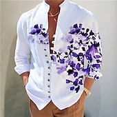 billige Plantemønster-Herre Blomstret Skjorte Skjorte med knapper Langermet Mote Designer Fritid Feriereise Daglig Ut på byen Høst Vår sommer Høy krage Trykt mønster Gul Blå Lilla Grønn Grå