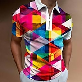 cheap Men&#039;s Geometric Polo-Men&#039;s Graphic Zip Polo Shirts Golf Shirt Short Sleeve Polo Shirts Collared Shirts Casual Vacation Wear Rave Wear Party Outfits 3D Print Quarter Zip Polo White Yellow Pink