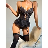 preiswerte Geschenke-Damen Spitze Bodysuit Unterwäsche Set Korsett Durchsichtig Floral Spitze Babydoll Chemise mit Unterwäsche Halter Socken Strümpfe Valentinstagsgeschenk für sie