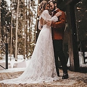 preiswerte lässige Brautkleider-Strandhochzeit Strand Offene Rückseite Boho Hochzeitskleider A-Linie V-Neck Lange Ärmel Gerichtszug Spitze Brautkleider mit einfarbig