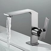 cheap Classical-Waterfall Bathroom Sink Mixer Faucet Brass, Single Handle Washroom Basin Taps One Hole Faucets with Hot and Cold Hose, Waterfall Spout Brass Bathroom Tap Chrome Black Gold Grey