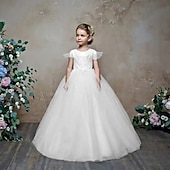 cheap Flower Girl&#039;s Dresses-Flower Girl Dress Girls&#039; First Communion Dress Party Dress Performance Wedding Party Princess Sweet Mesh Solid Color Sleeveless Crew Neck White Champagne 2-12 Years