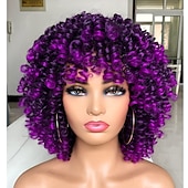 baratos Perucas de Qualidade Superior-peruca curta encaracolada para mulheres negras com franja grande peruca crespa fofa crespa resistente ao calor sintético macio 2 tons ombre marrom escuro peruca afro curta encaracolada