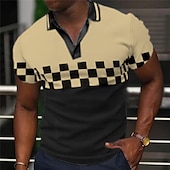 abordables Polo géométrique pour homme-Homme Plaid Polo Chemise de golf Manche Courte Polos Col en V Occasionnel Vêtements de vacances Tenue formelle Vêtements de festival Impression 3D Noir Jaune Bleu