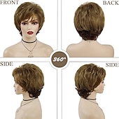 cheap Older Wigs-Synthetic Short Wigs for White Women Sandy Blonde Wig with Bangs Mix Brown Color Curly Wig Hair Ombre Elderly Wig Mom