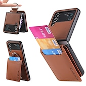 זול מארז סמסונג-נרתיק טלפון לסמסונג גלקסי Z Flip 6 Z Flip 5 Z Flip 4/3/2 כיסוי אחורי פליפ עם מחזיק כרטיסים מחזיק סטנד עור PC PU בצבע אחיד