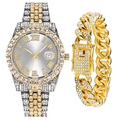 cheap Quartz Watches-Men&#039;s Quartz Watch with Chain Bracelet Set Fashion Luxury Bling Diamond Hiphop Analog Men Quartz Wristwatch Calendar Waterproof Men&#039;s Watch