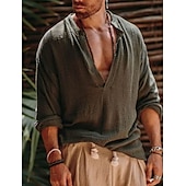 preiswerte Urlaub-Herren Hemd leinenhemd Wikinger-Stil Sommerhemd Strandbekleidung Feste Farbe Outdoor Strasse Grün Beige Langarm V Ausschnitt Sommer Frühling Bekleidung