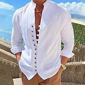 billiga Semester-Herr Skjorta linneskjorta Sommarskjorta Casual skjorta Knapp upp skjorta Slät Semester Curise Svart Vit Rodnande Rosa Blå Långärmad Bandkrage Sommar Vår &amp; Höst Kläder